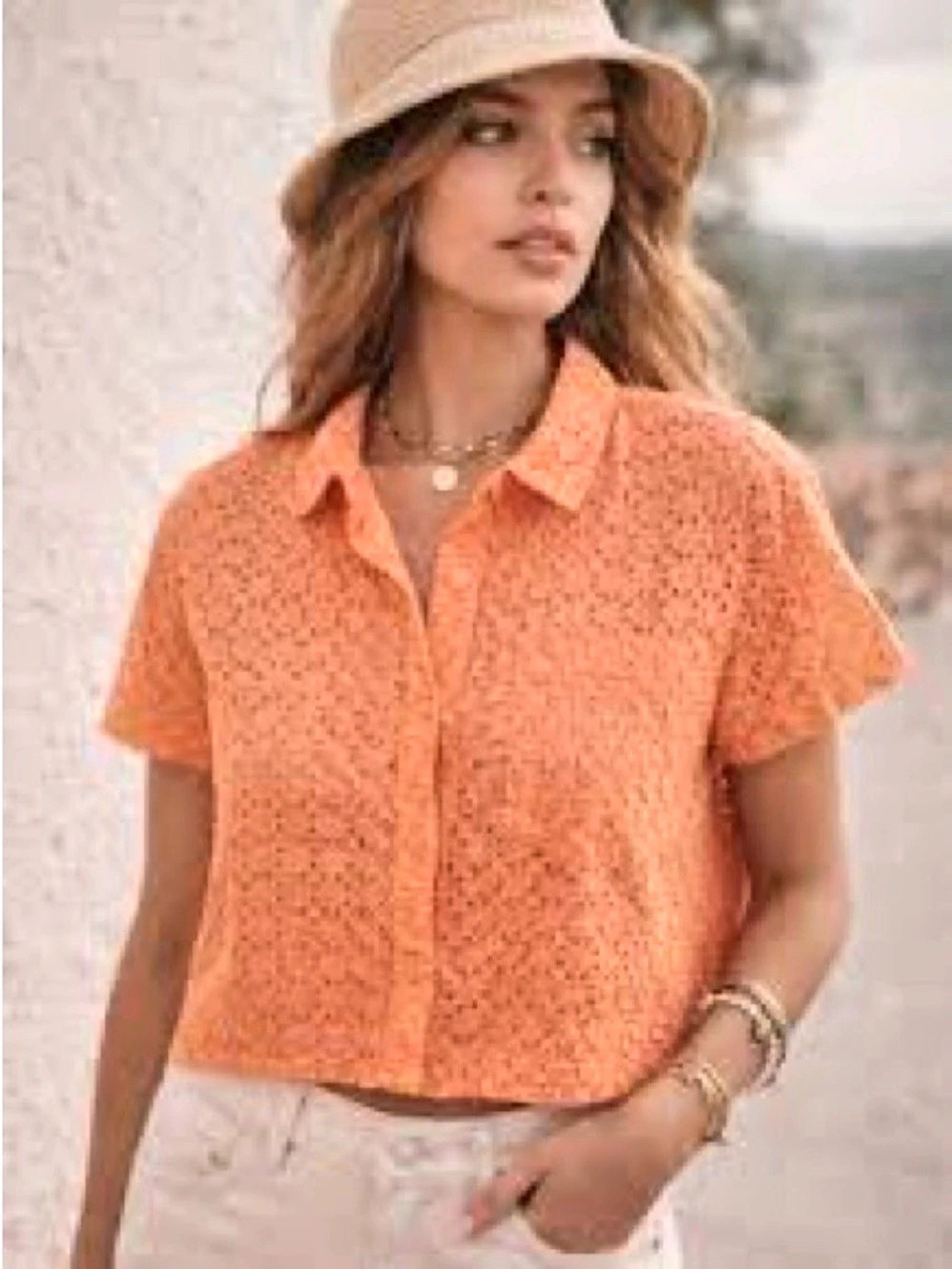 Marbled Cotton Eyelet Button Down Shirt Orange Large NWT